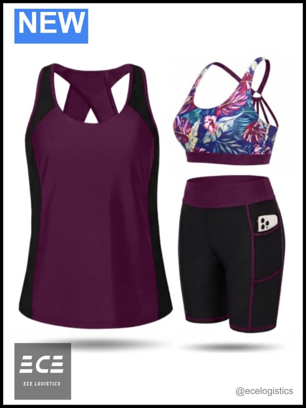 3-Piece Tankini Swim Set with Sport Bra & High-Waisted Shorts